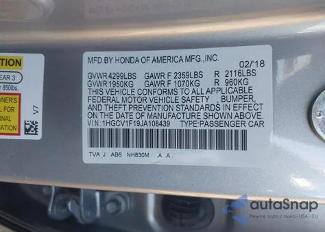 2018 Honda Accord Lx z USA, uszkodzony, nr VIN 1HGCV1F19JA108439